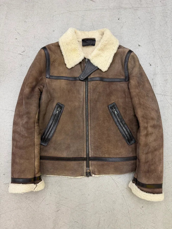 AW2004 Prada Brown Suede Shearling Collar Leather Jacket XqPXLZS 0