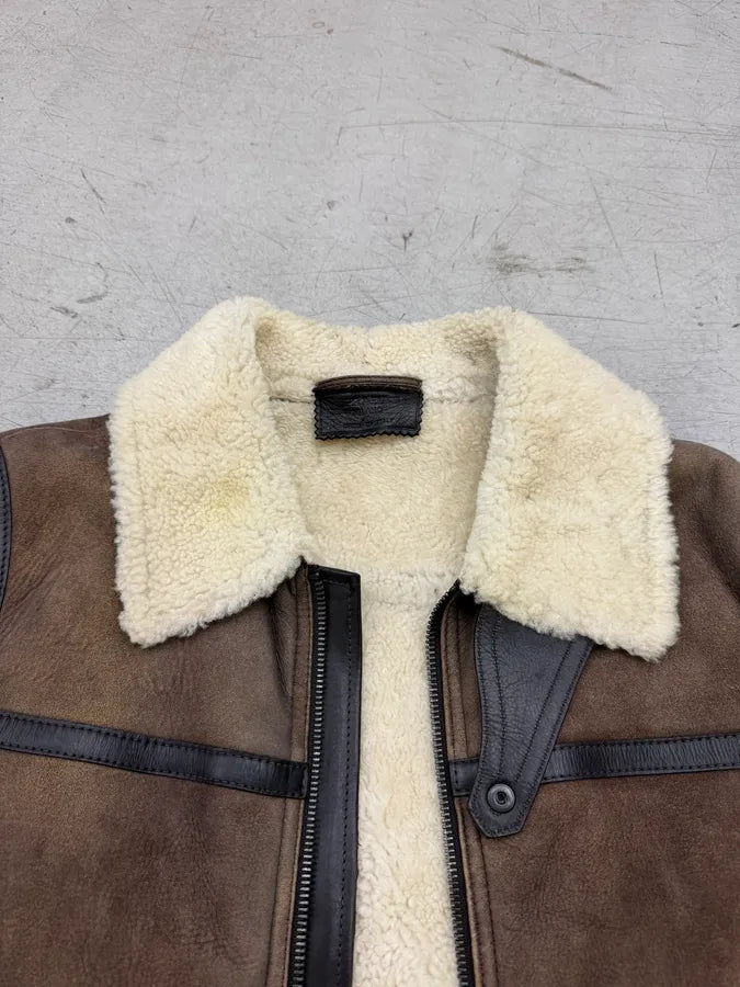 AW2004 Prada Brown Suede Shearling Collar Leather Jacket XqPXLZS 10
