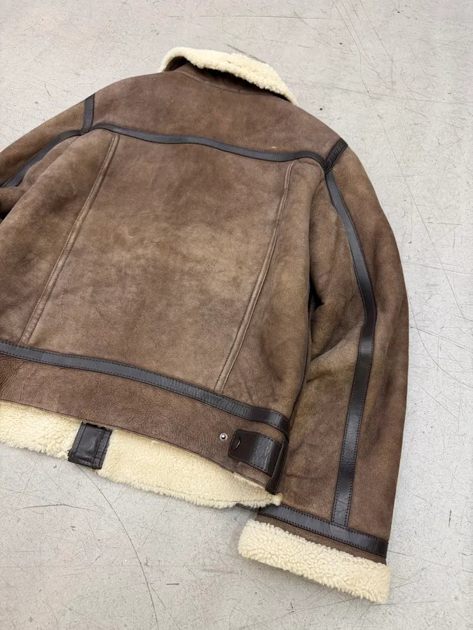 AW2004 Prada Brown Suede Shearling Collar Leather Jacket XqPXLZS 11