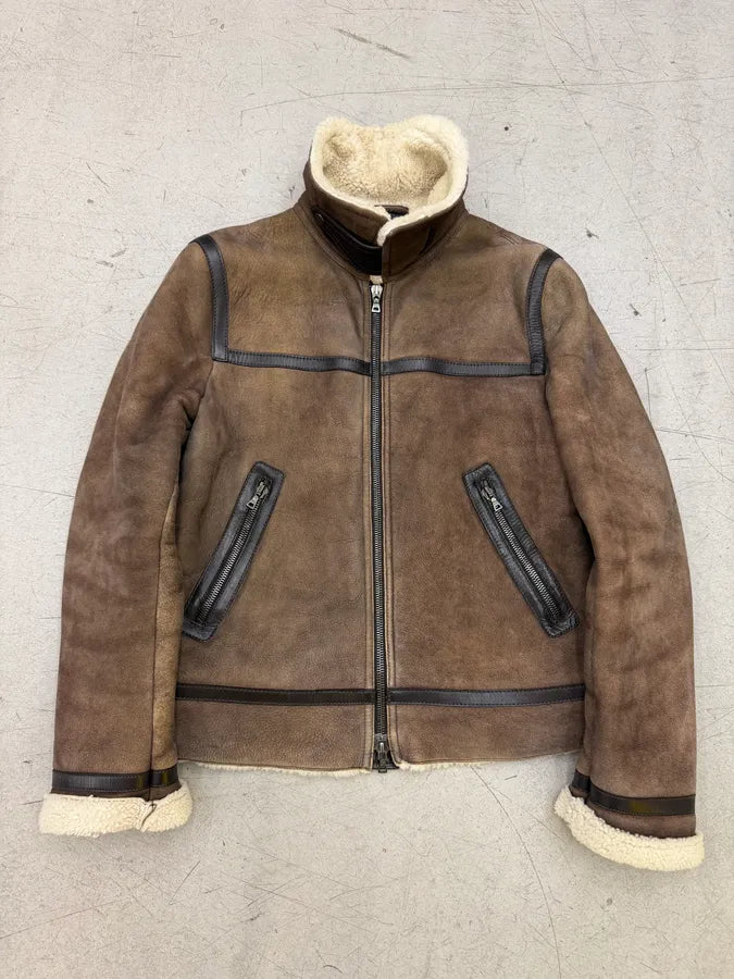 AW2004 Prada Brown Suede Shearling Collar Leather Jacket XqPXLZS 2