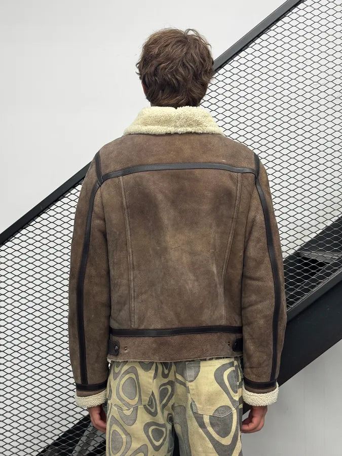 AW2004 Prada Brown Suede Shearling Collar Leather Jacket XqPXLZS 4