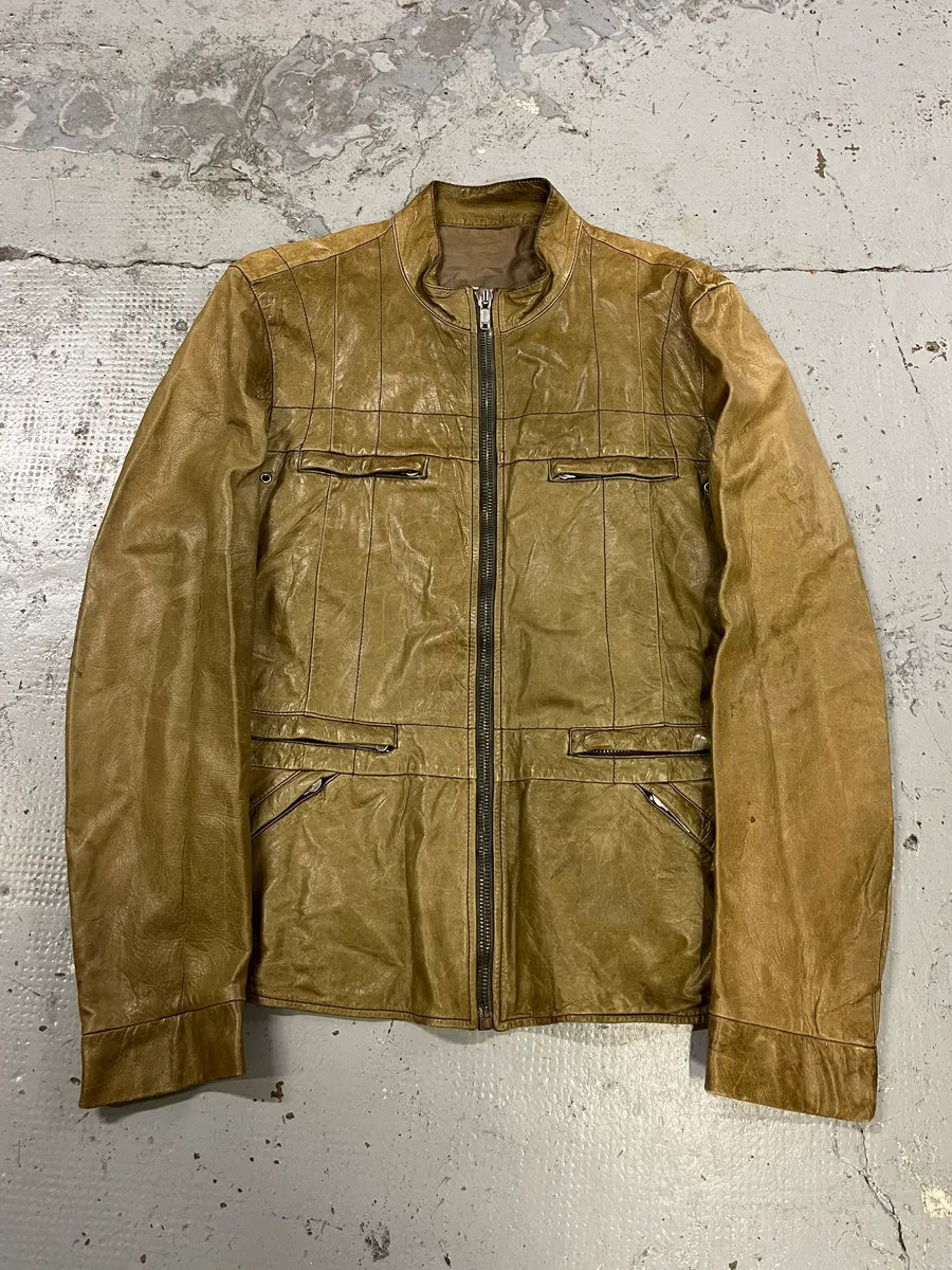 AW2004 Rick Owens Cargo Pocket Khaki Leather Jacket xNDNLvi 0