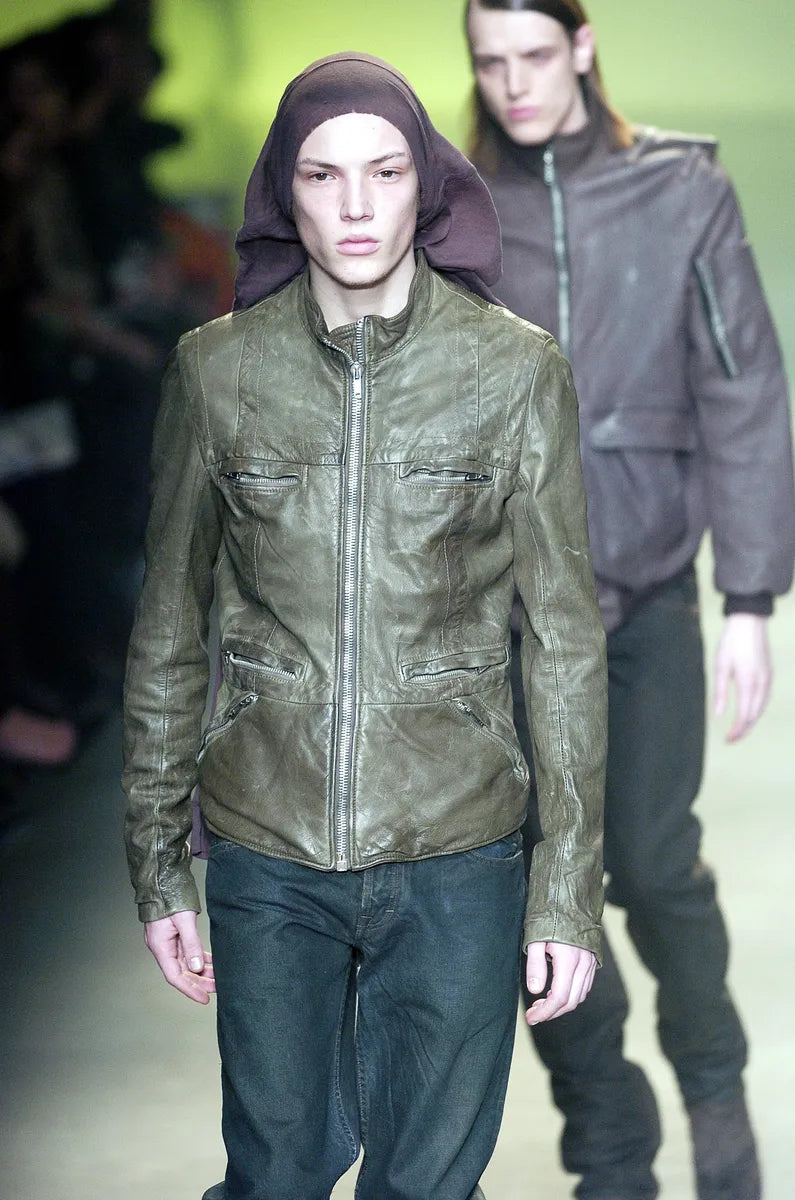 AW2004 Rick Owens Cargo Pocket Khaki Leather Jacket xNDNLvi 1