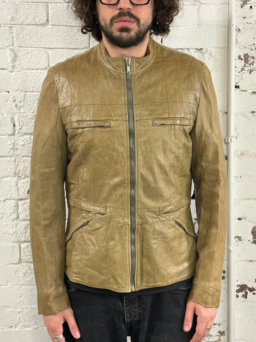 AW2004 Rick Owens Cargo Pocket Khaki Leather Jacket xNDNLvi 2