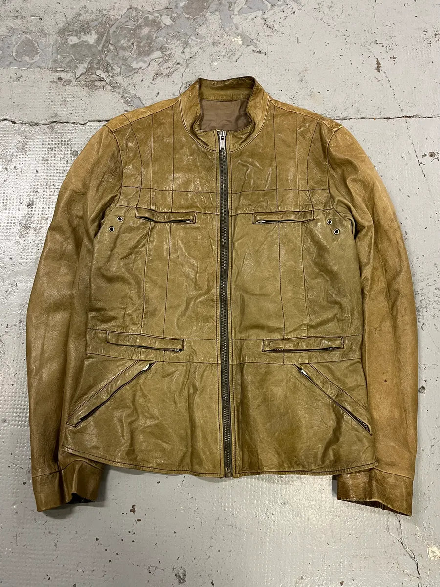AW2004 Rick Owens Cargo Pocket Khaki Leather Jacket xNDNLvi 4