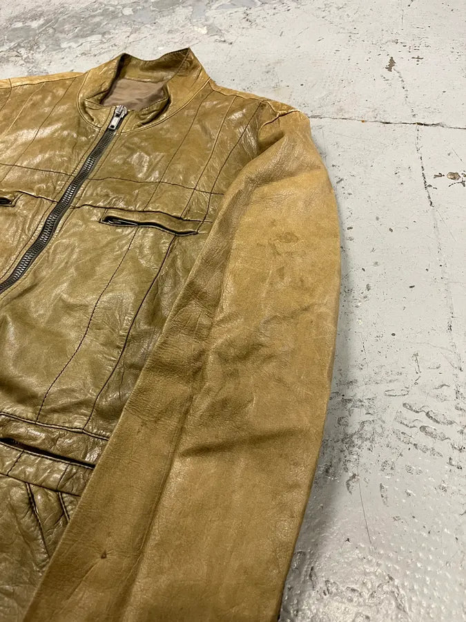 AW2004 Rick Owens Cargo Pocket Khaki Leather Jacket xNDNLvi 6