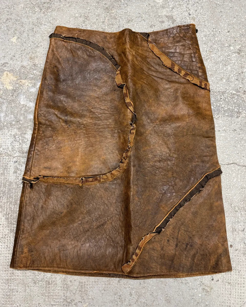 AW2005 Cavalli Asymmetrical Raw Brown Leather Skirt (L) 1