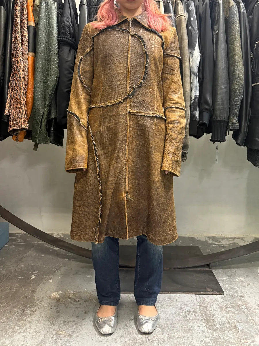 AW2005 Cavalli Asymmetrical Raw Brown Leather Trench Jacket eJgKlQR 1