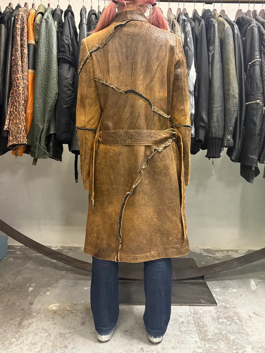 AW2005 Cavalli Asymmetrical Raw Brown Leather Trench Jacket eJgKlQR 2