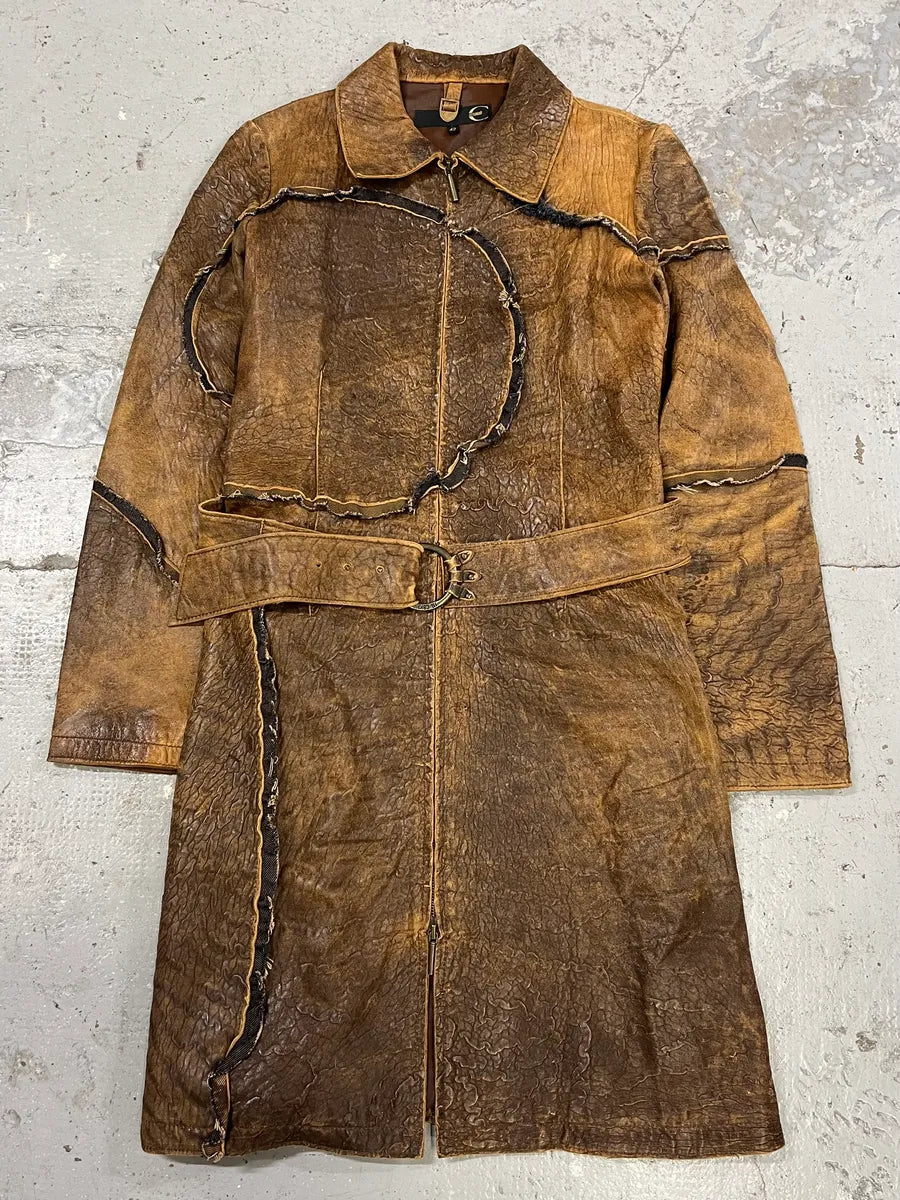 AW2005 Cavalli Asymmetrical Raw Brown Leather Trench Jacket (M) eJgKlQR 0