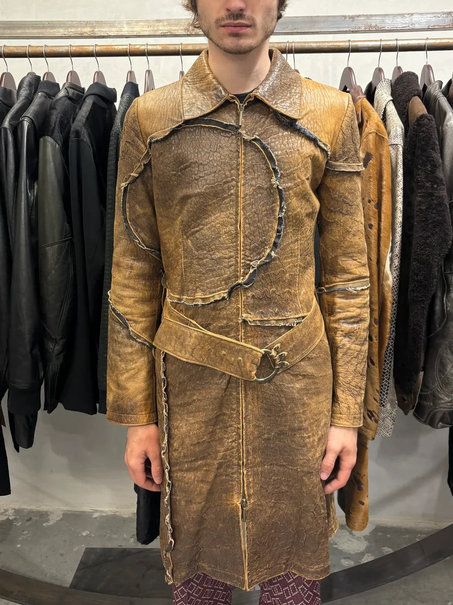 AW2005 Cavalli Asymmetrical Raw Brown Leather Trench Jacket (M) eJgKlQR 1