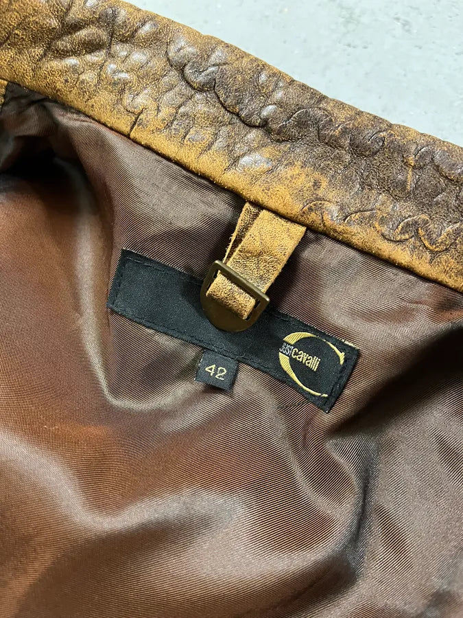 AW2005 Cavalli Asymmetrical Raw Brown Leather Trench Jacket (M) eJgKlQR 10