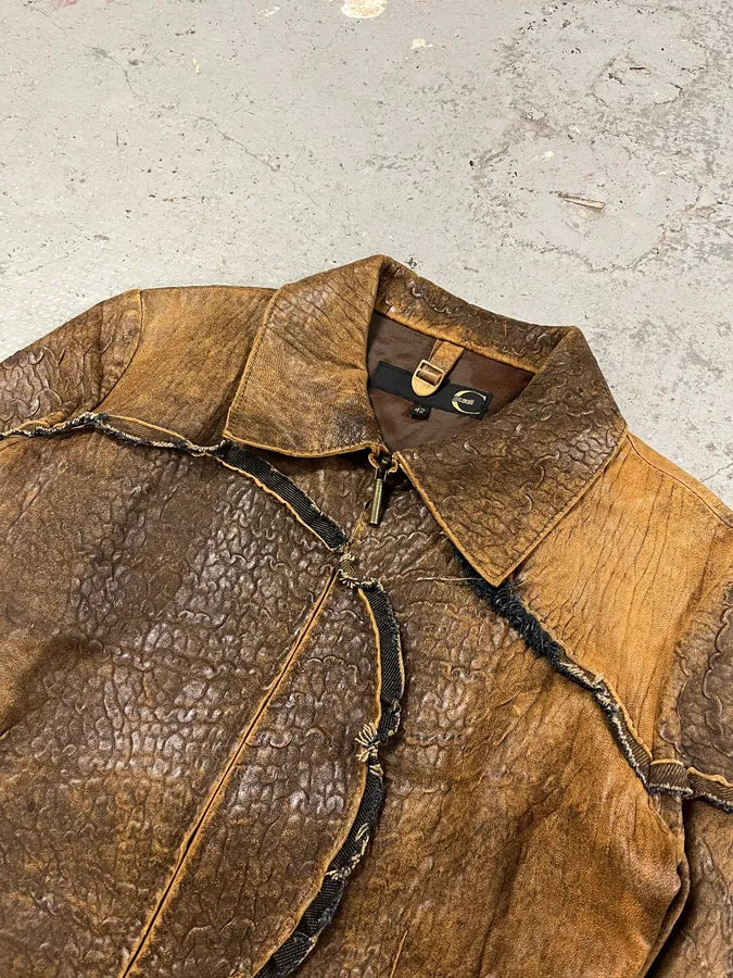 AW2005 Cavalli Asymmetrical Raw Brown Leather Trench Jacket (M) eJgKlQR 3