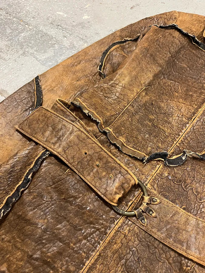 AW2005 Cavalli Asymmetrical Raw Brown Leather Trench Jacket (M) eJgKlQR 4