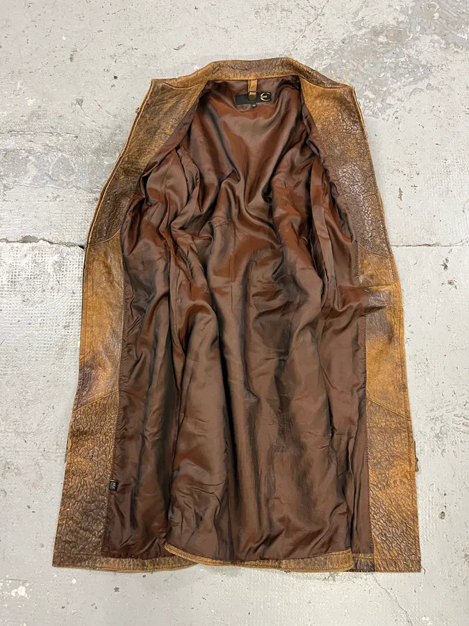 AW2005 Cavalli Asymmetrical Raw Brown Leather Trench Jacket (M) eJgKlQR 9
