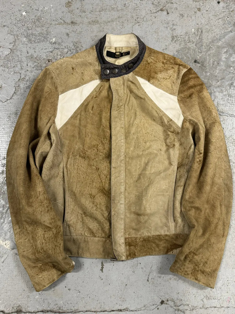 AW2005 Cavalli Biker Beige Faded Suede Leather Jacket (M) 0