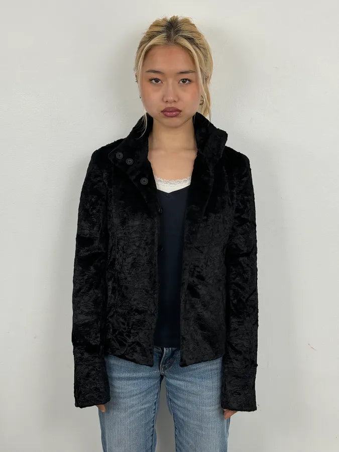 AW2005 Cavalli Black Fur Rebel Biker Buttoned Jacket mTFUYXu 1