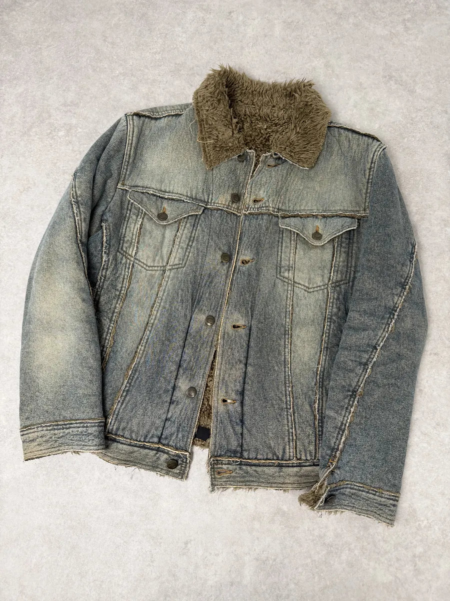 AW2005 Cavalli Blue Faux Fur Faded Denim Jacket eEsjLBa 4