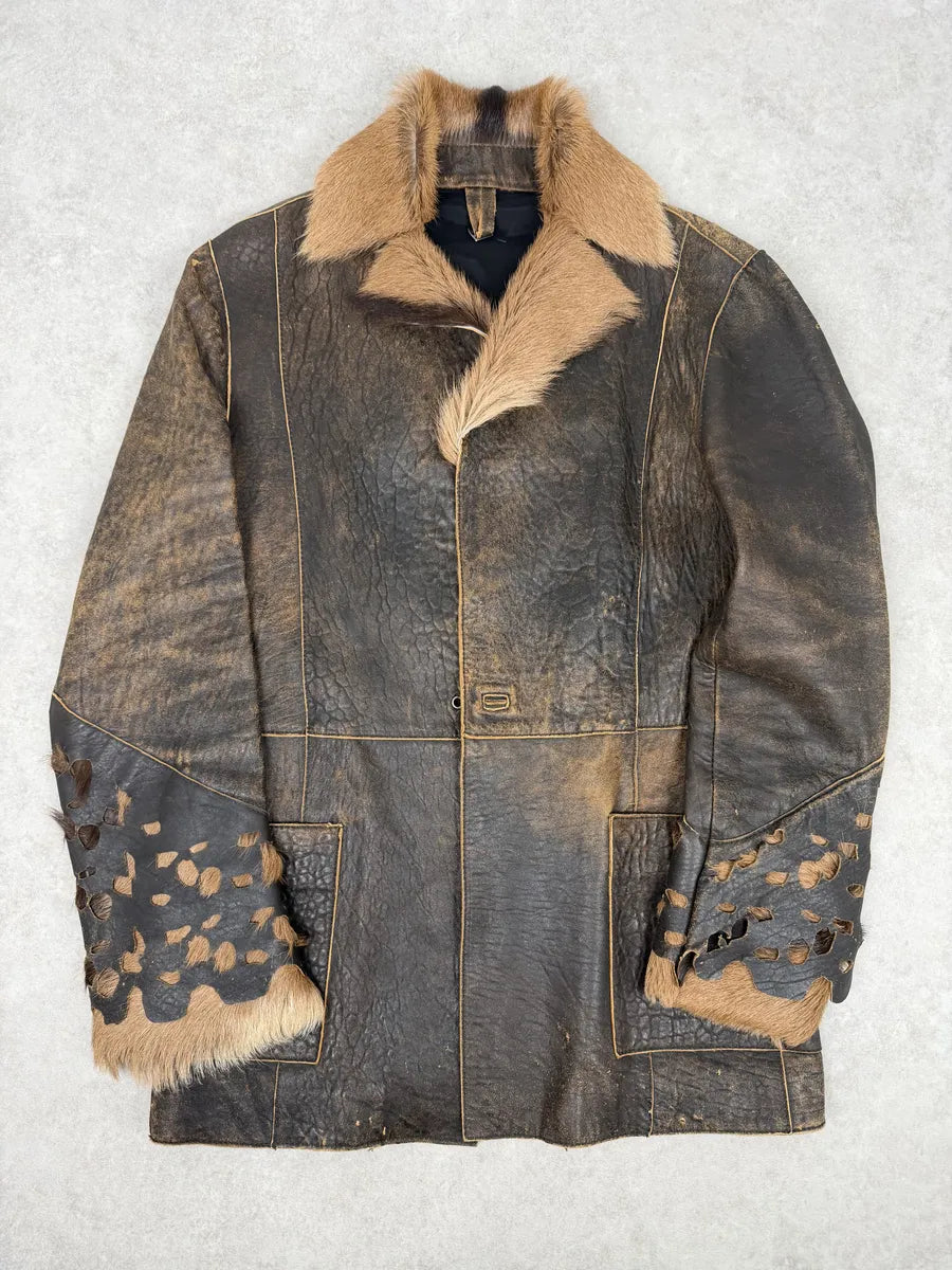 AW2005 Cavalli Brown Eroded Leather Fur-Collar Jacket CLJneds 0