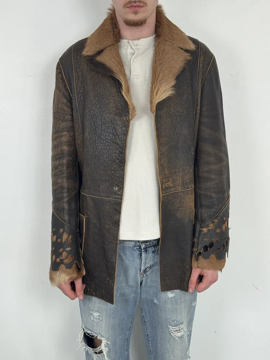 AW2005 Cavalli Brown Eroded Leather Fur-Collar Jacket CLJneds 1