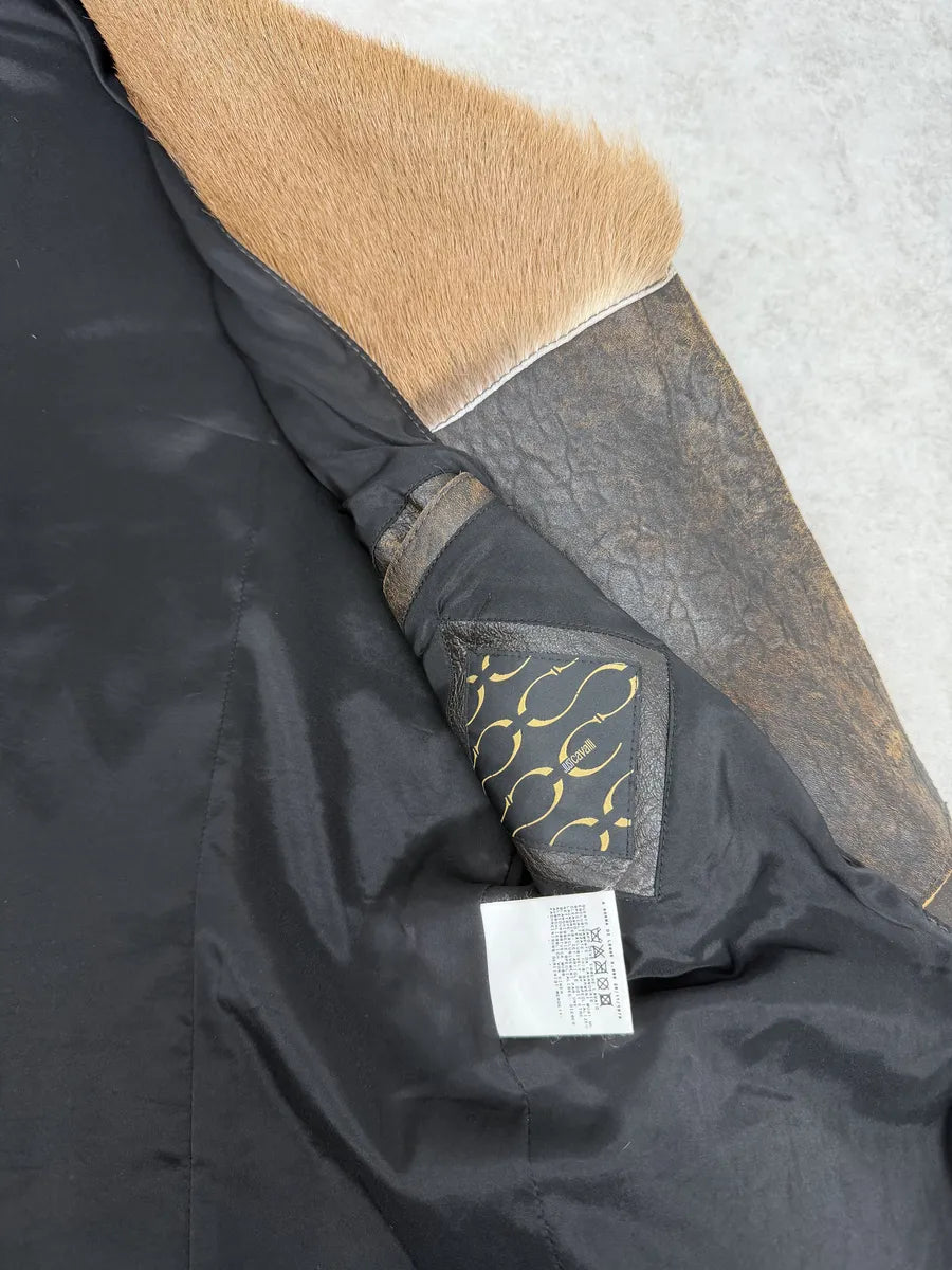 AW2005 Cavalli Brown Eroded Leather Fur-Collar Jacket CLJneds 10