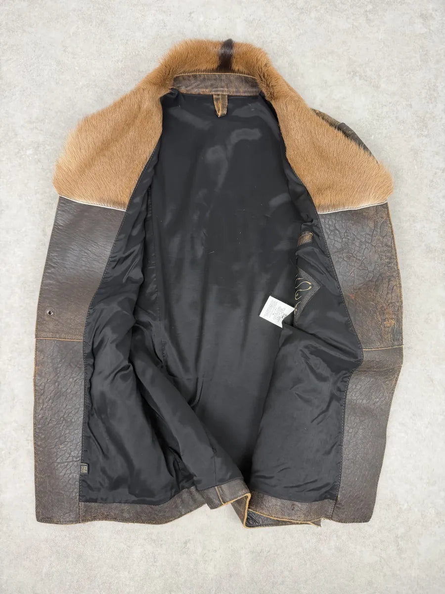 AW2005 Cavalli Brown Eroded Leather Fur-Collar Jacket CLJneds 12