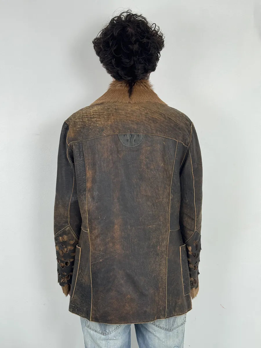 AW2005 Cavalli Brown Eroded Leather Fur-Collar Jacket CLJneds 2