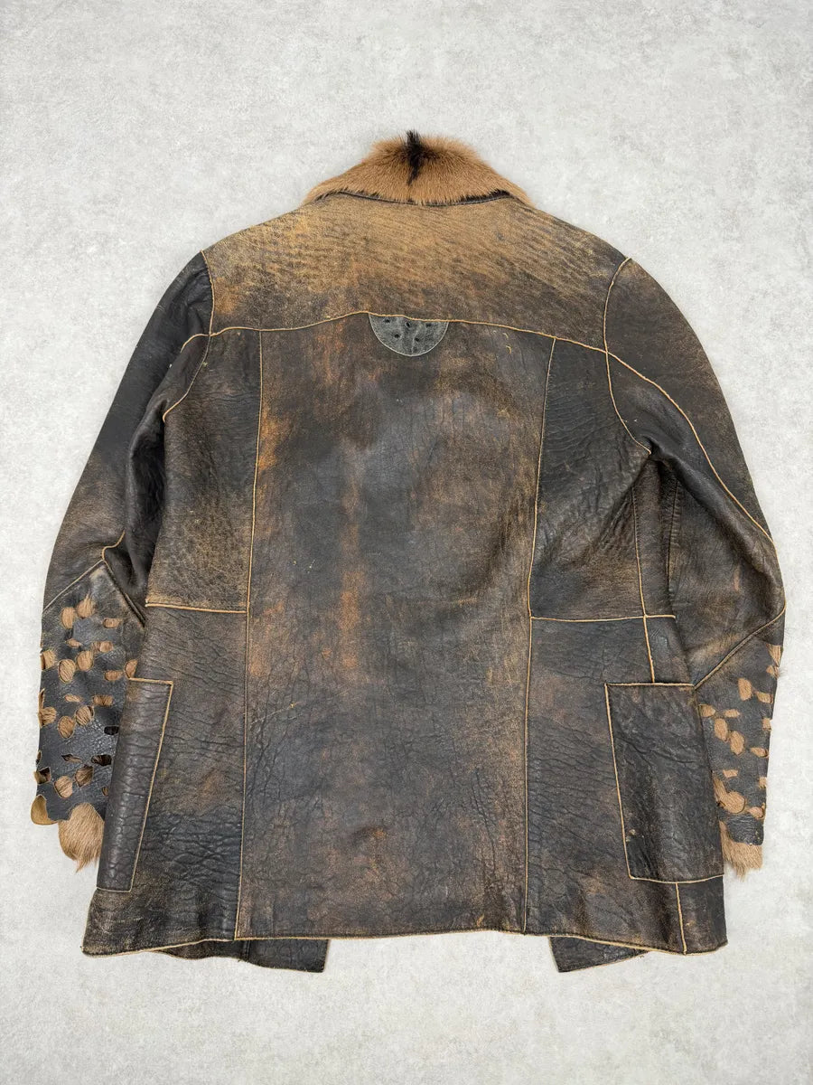 AW2005 Cavalli Brown Eroded Leather Fur-Collar Jacket CLJneds 3