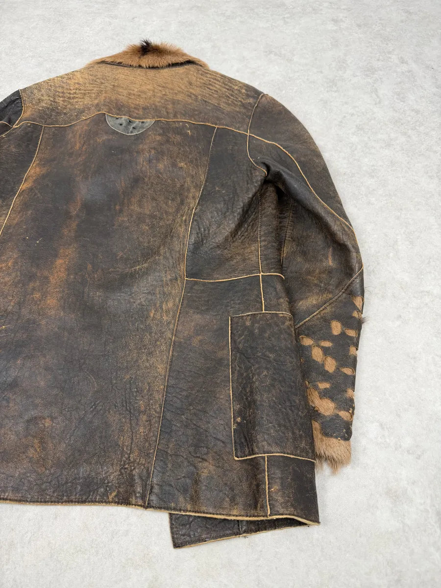 AW2005 Cavalli Brown Eroded Leather Fur-Collar Jacket CLJneds 4