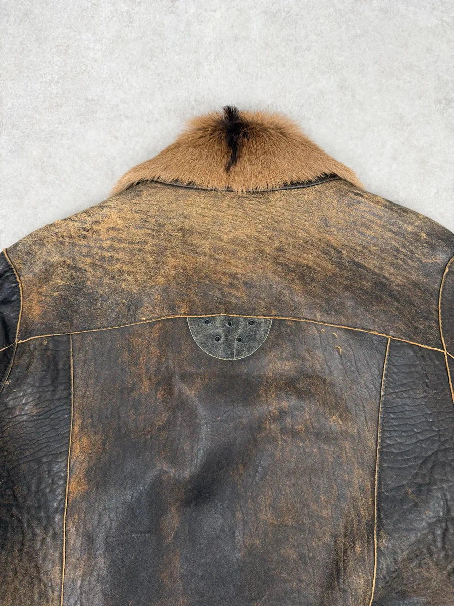 AW2005 Cavalli Brown Eroded Leather Fur-Collar Jacket CLJneds 5