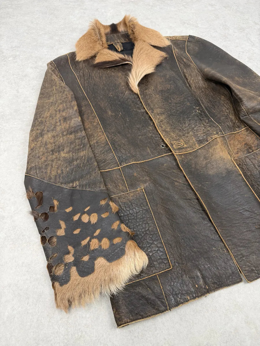 AW2005 Cavalli Brown Eroded Leather Fur-Collar Jacket CLJneds 6