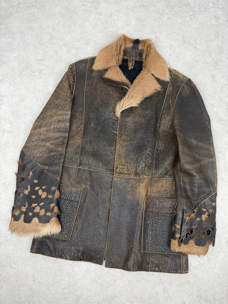 AW2005 Cavalli Brown Eroded Leather Fur-Collar Jacket CLJneds 7