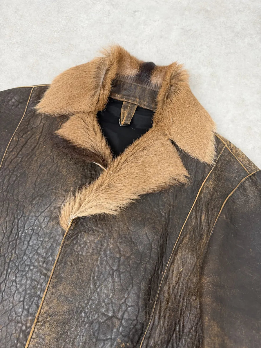 AW2005 Cavalli Brown Eroded Leather Fur-Collar Jacket CLJneds 9