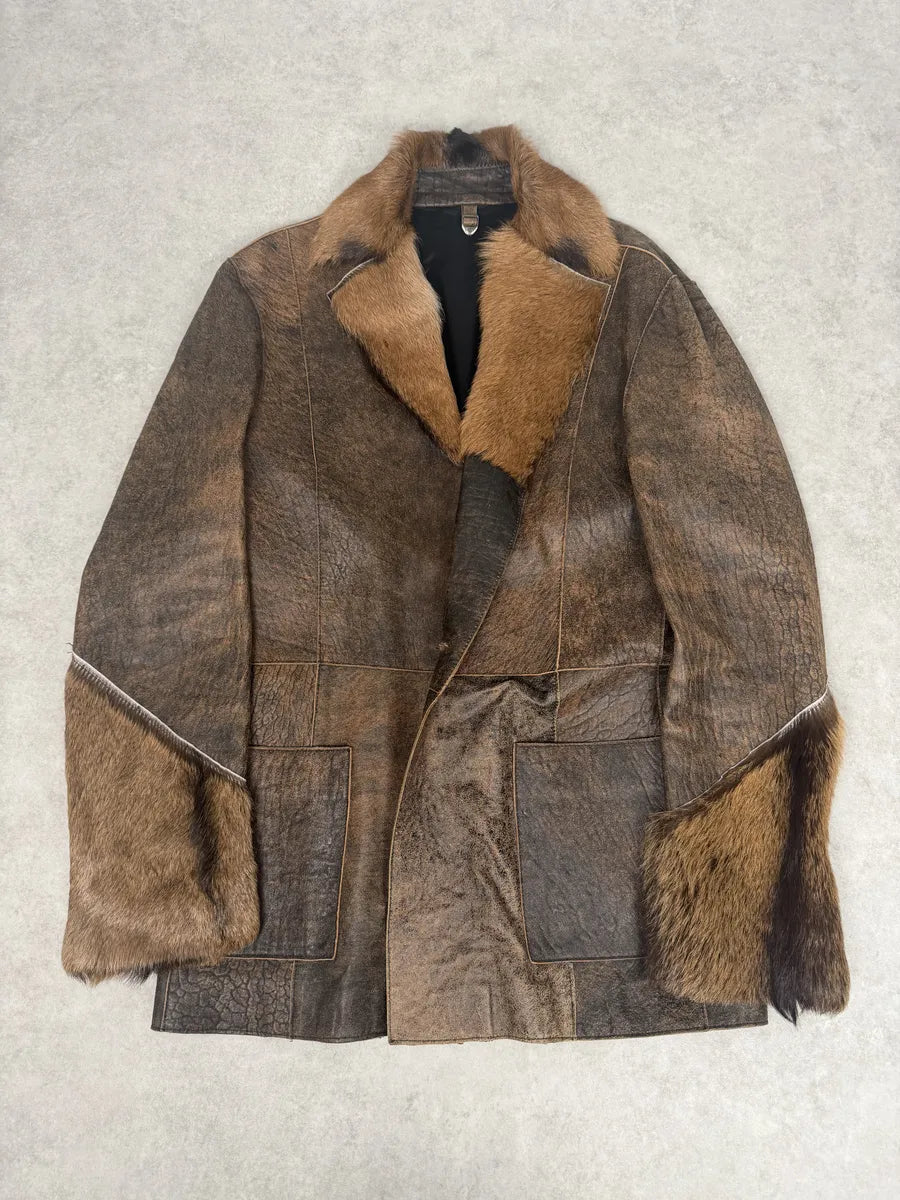 AW2005 Cavalli Brown Fur Raw Faded Leather Jacket evmrRbD 0
