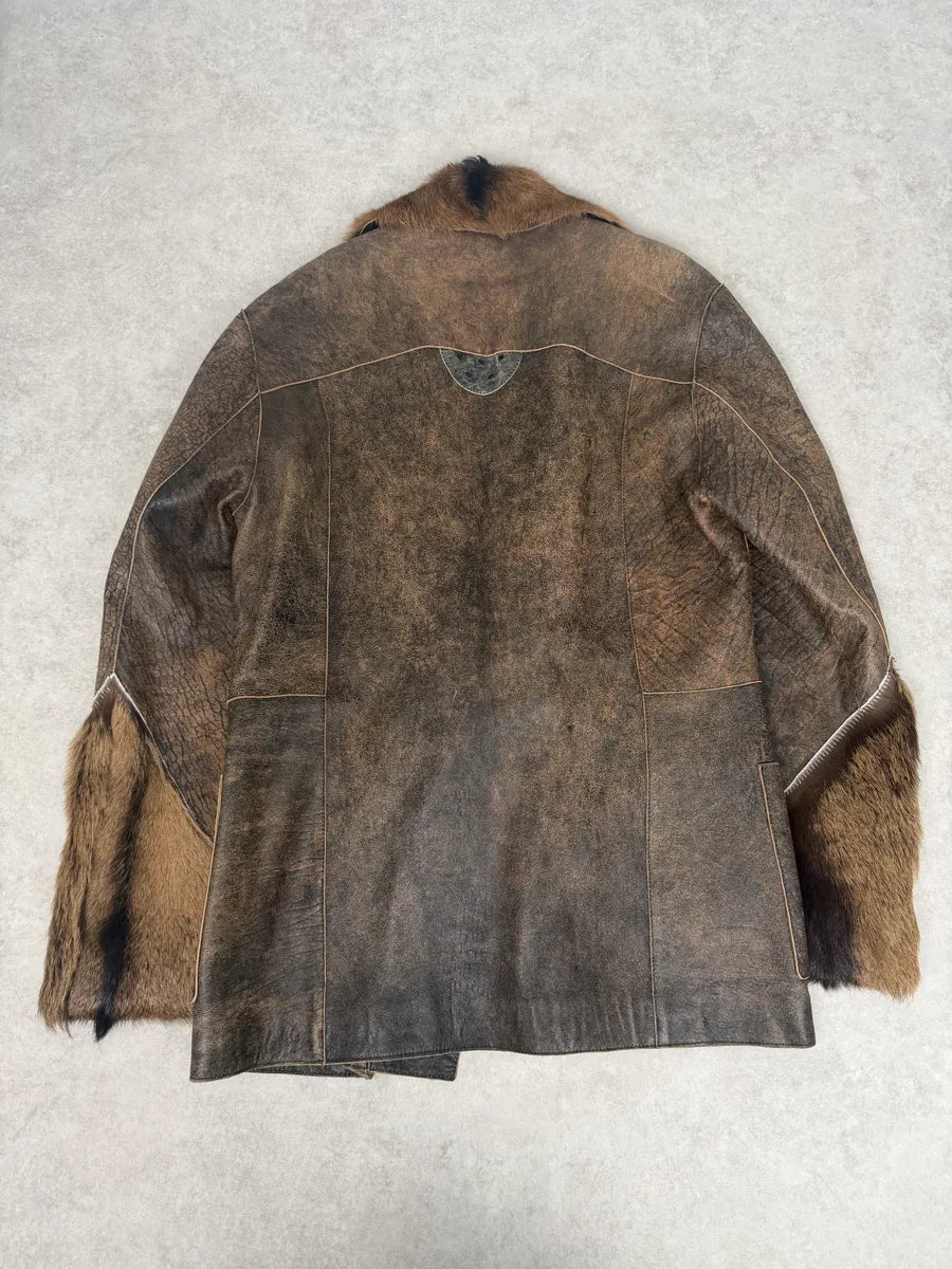 AW2005 Cavalli Brown Fur Raw Faded Leather Jacket evmrRbD 1