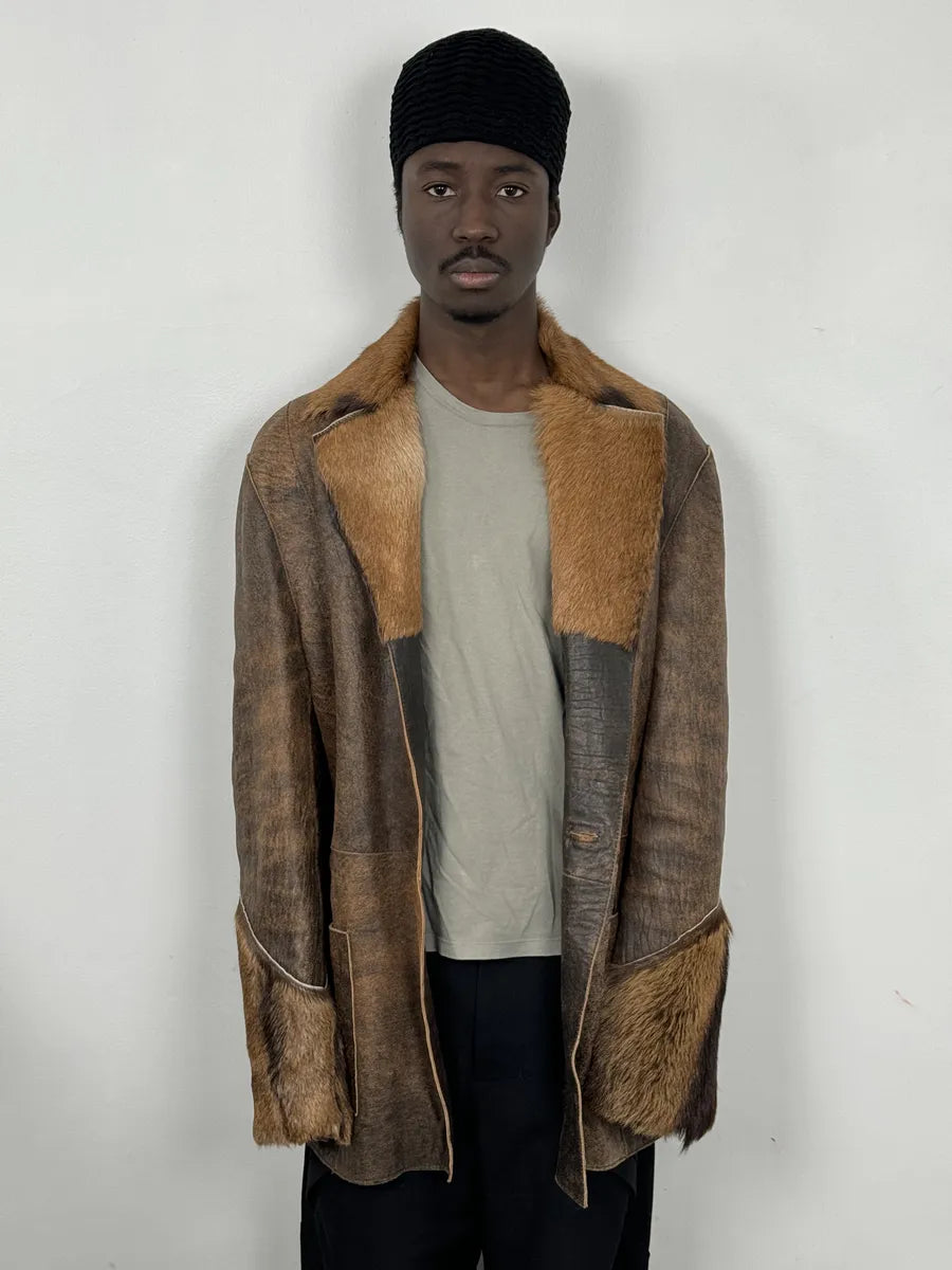 AW2005 Cavalli Brown Fur Raw Faded Leather Jacket evmrRbD 2