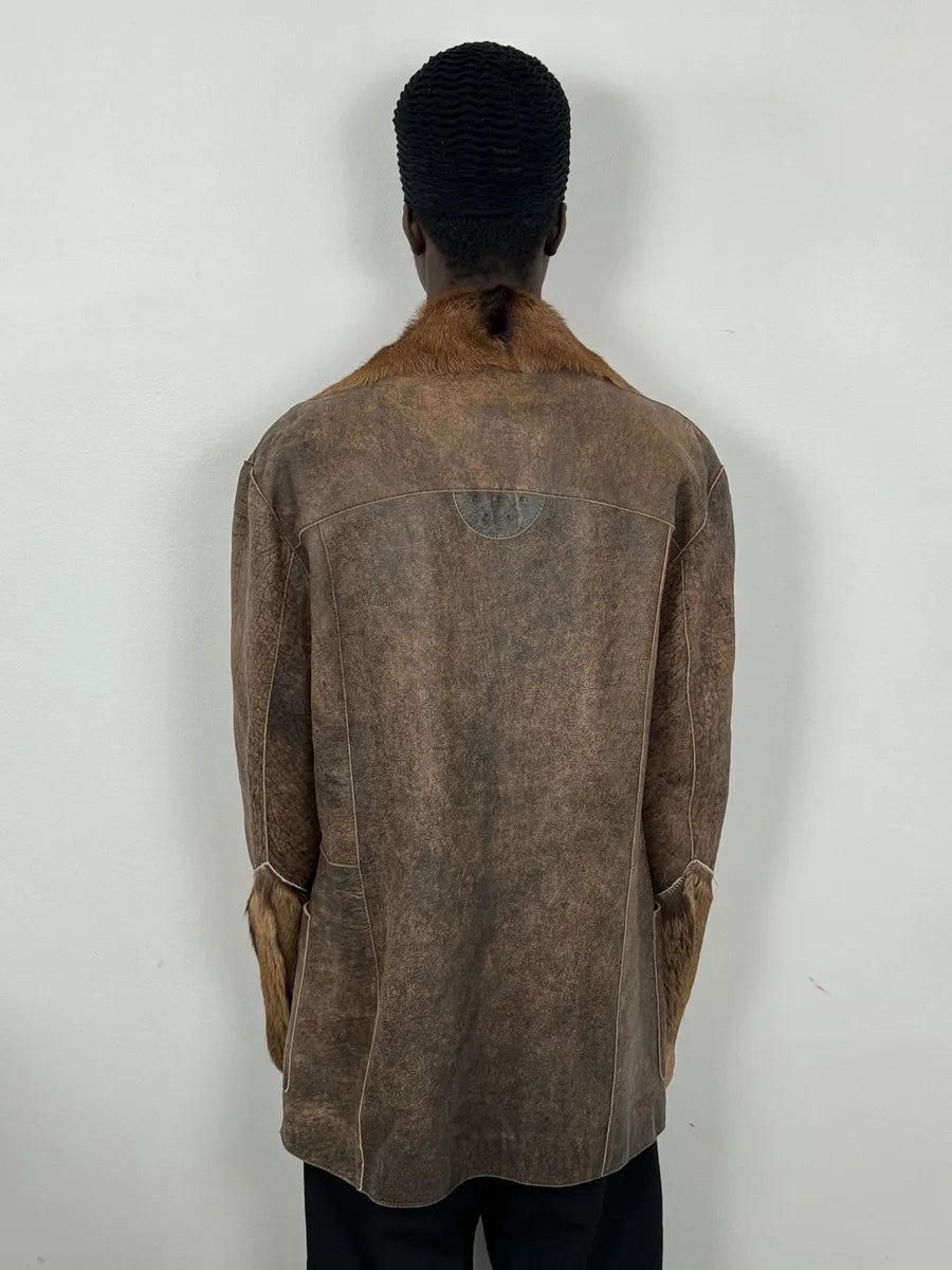 AW2005 Cavalli Brown Fur Raw Faded Leather Jacket evmrRbD 3