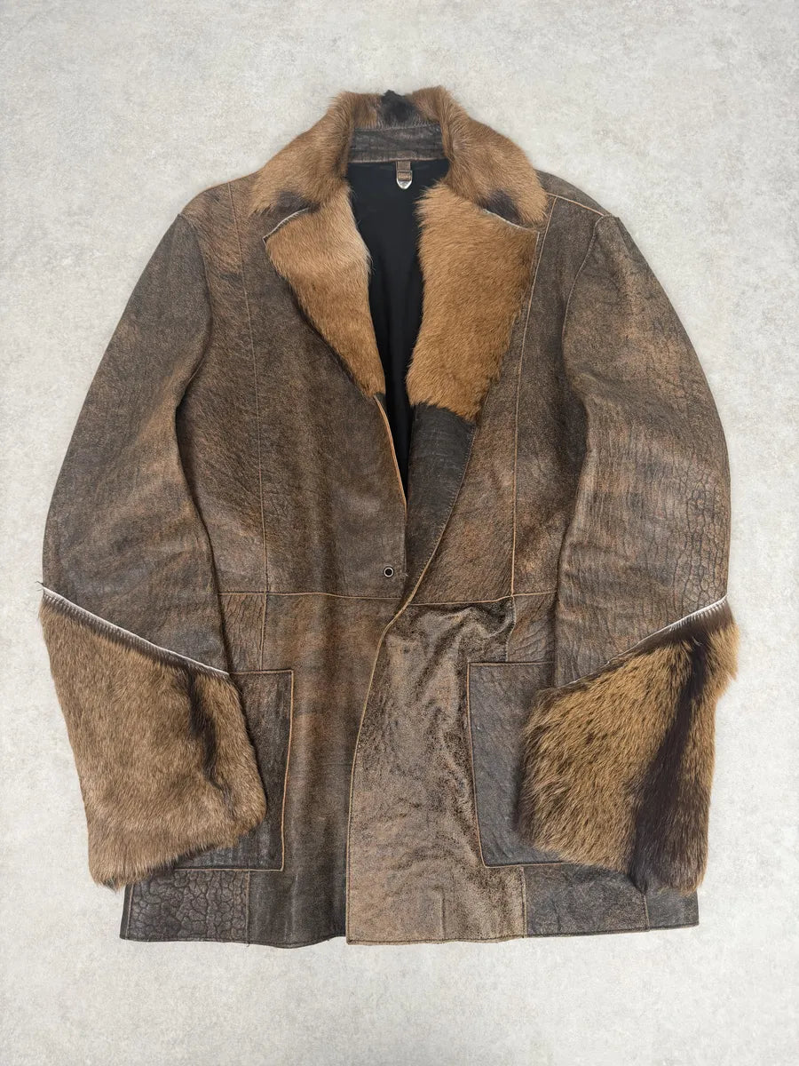 AW2005 Cavalli Brown Fur Raw Faded Leather Jacket evmrRbD 4