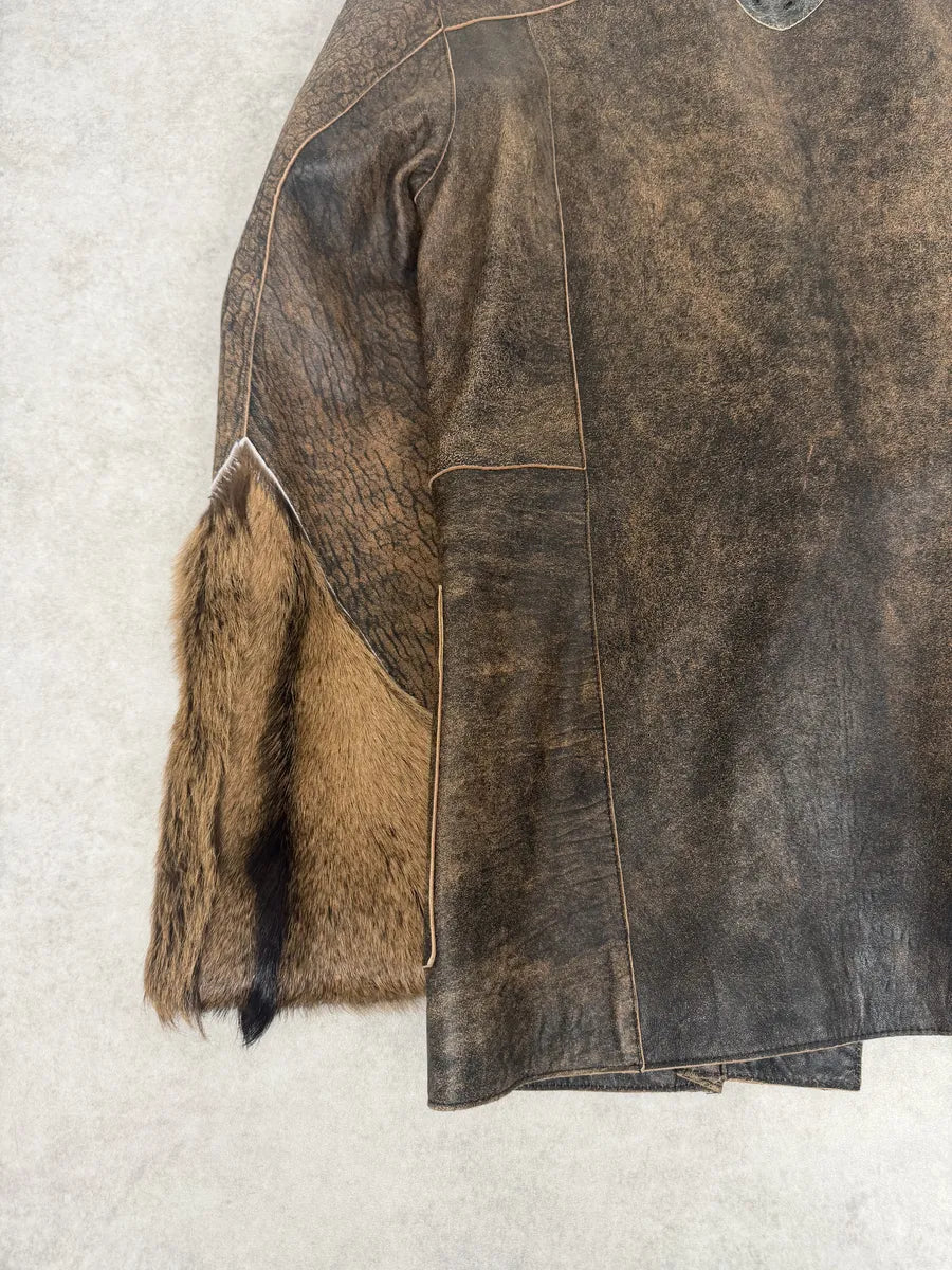 AW2005 Cavalli Brown Fur Raw Faded Leather Jacket evmrRbD 5