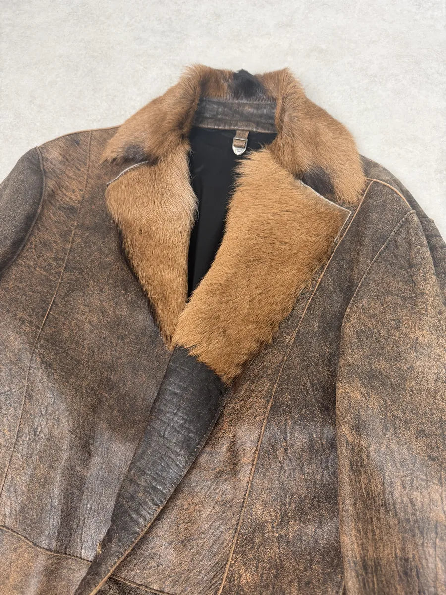 AW2005 Cavalli Brown Fur Raw Faded Leather Jacket evmrRbD 6