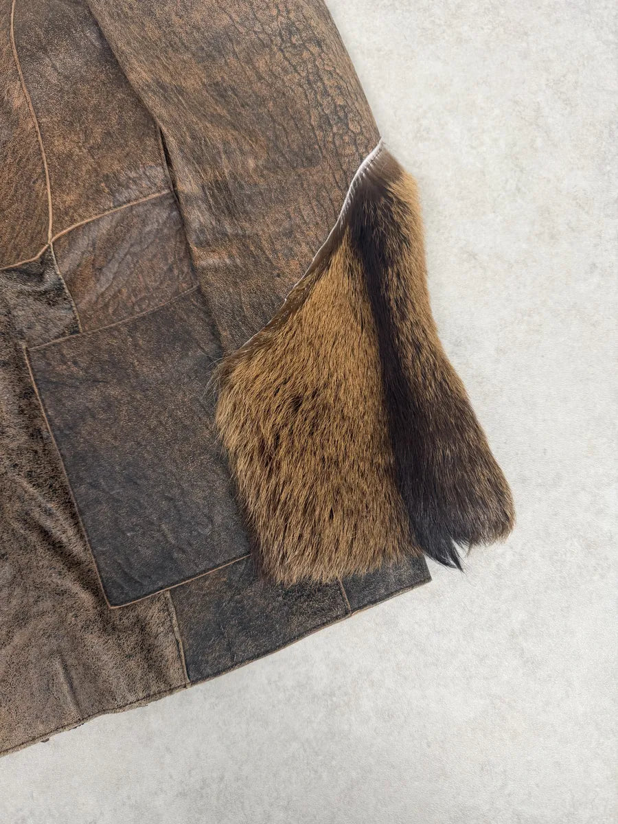 AW2005 Cavalli Brown Fur Raw Faded Leather Jacket evmrRbD 7