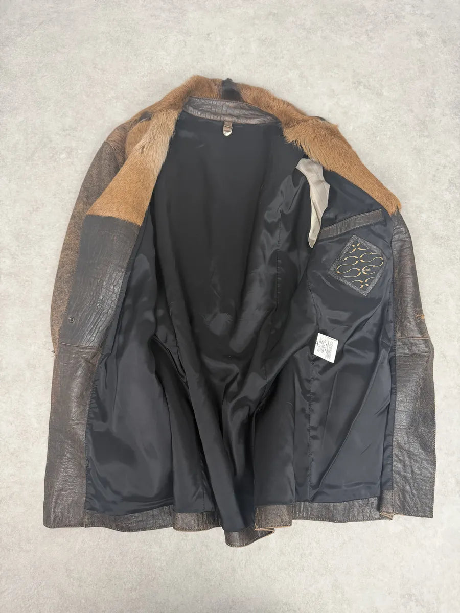 AW2005 Cavalli Brown Fur Raw Faded Leather Jacket evmrRbD 8