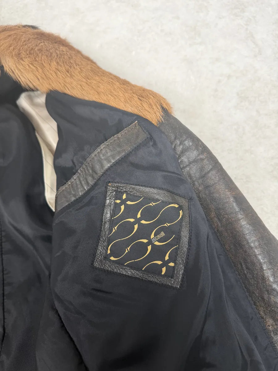 AW2005 Cavalli Brown Fur Raw Faded Leather Jacket evmrRbD 9