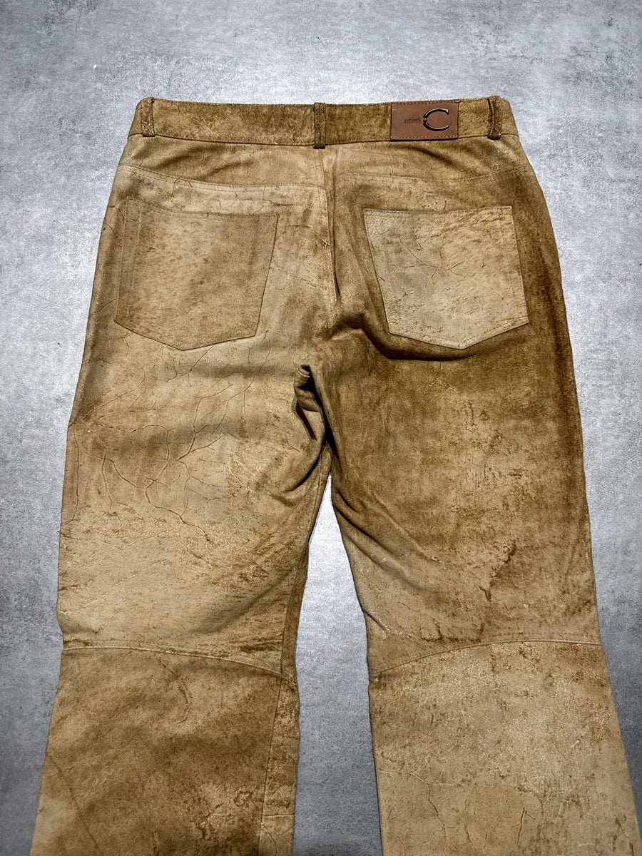 AW2005 Cavalli Camel Leather Eroded Straight Cozy Pants (M) 2