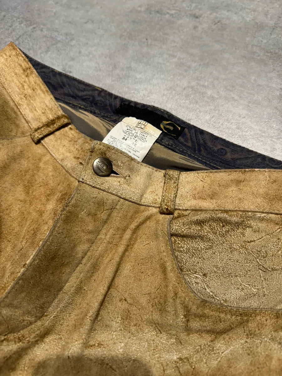 AW2005 Cavalli Camel Leather Eroded Straight Cozy Pants (M) 3