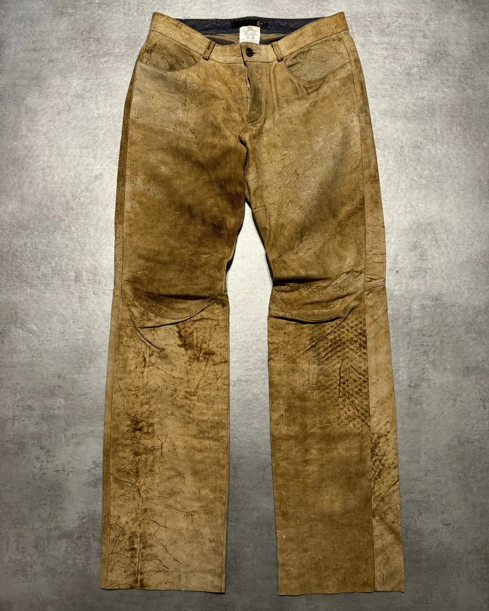 AW2005 Cavalli Camel Leather Eroded Straight Cozy Pants (M) 6