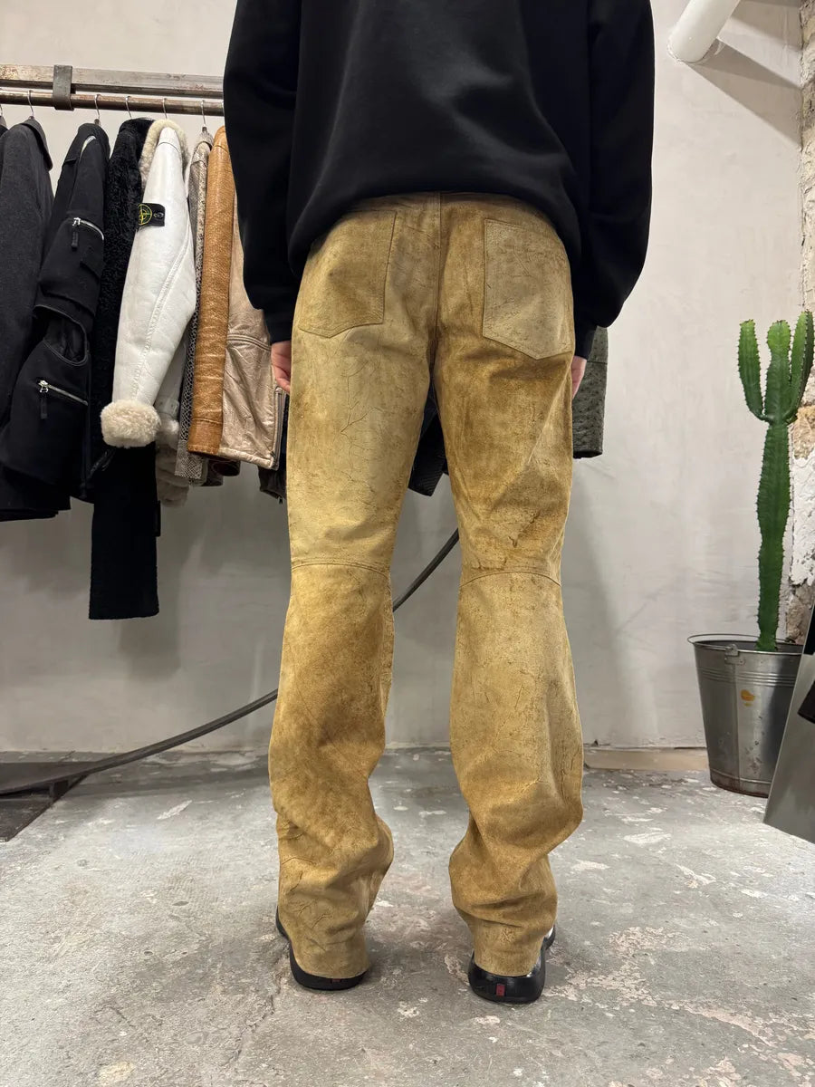 AW2005 Cavalli Camel Leather Eroded Straight Cozy Pants (M) 7