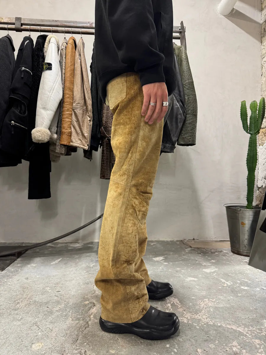 AW2005 Cavalli Camel Leather Eroded Straight Cozy Pants (M) 8