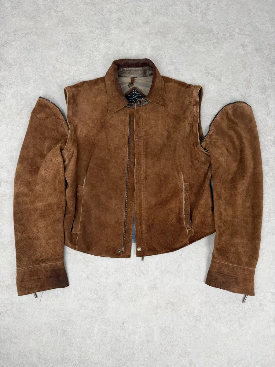AW2005 Cavalli Contemporary Detachable Sleeves Brown Suede Denim Leather Jacket gEQGAbJ 0