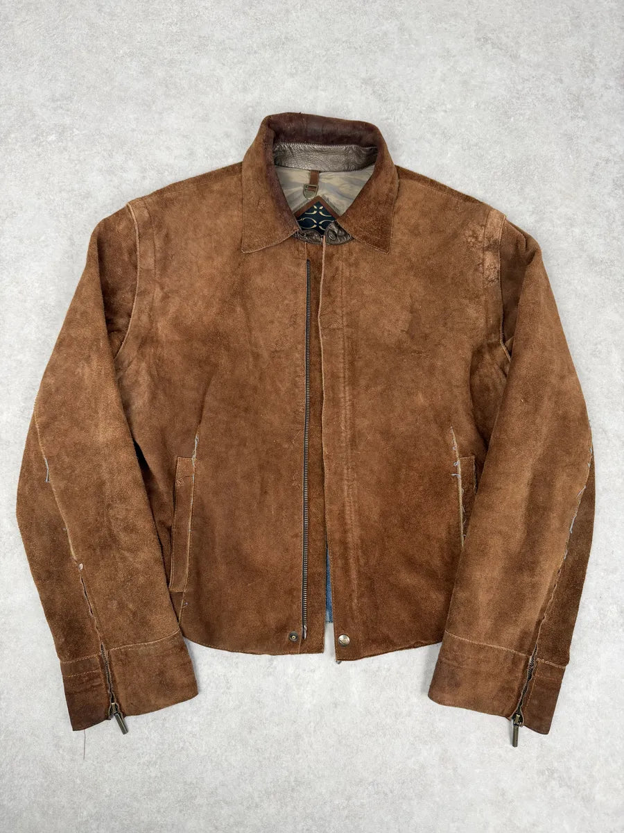 AW2005 Cavalli Contemporary Detachable Sleeves Brown Suede Denim Leather Jacket gEQGAbJ 1